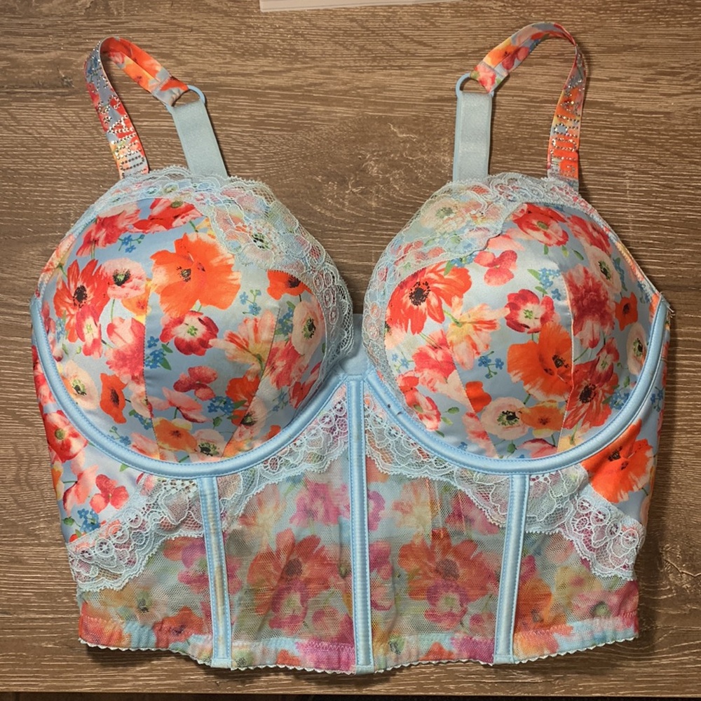 Victoria’s Secret Satin Shine Poppies Floral Bustier with lace & bling straps